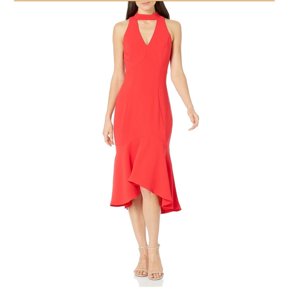 Amanda Uprichard Dress Women Petite P Red Choker Neck High Low Mermaid Midi